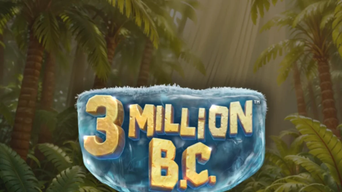 Cenário pré-histórico do slot 3 Million B.C. com elementos da Era da Pedra e uma roda de prêmios.
